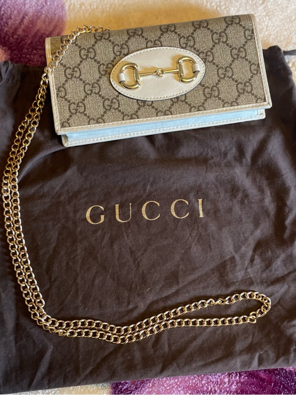 Gucci New Beige GG Canvas Crossbody Wallet with Gold Horsebit Chain